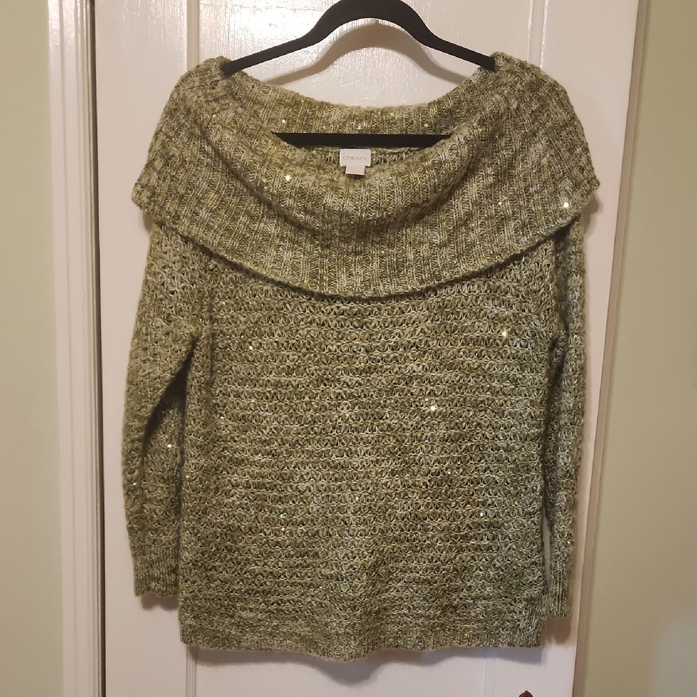 Chico's Olive Green Cowl Neck Sweater with Subtle Metallic Thread